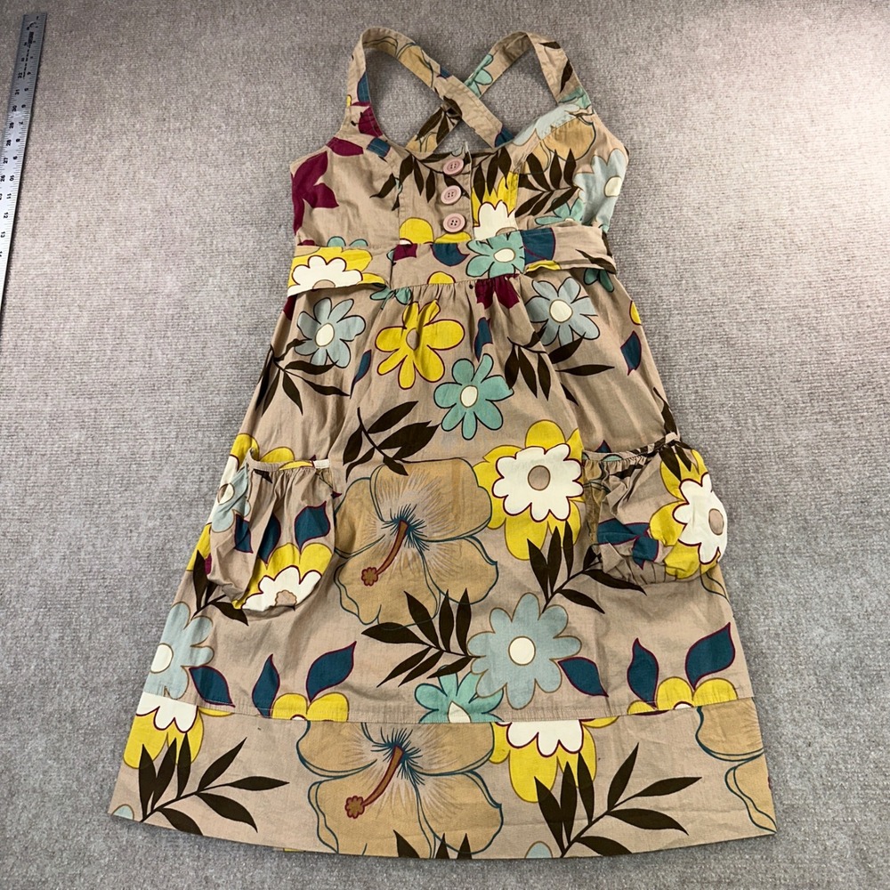 Fire Los Angeles Floral Sundress Tan‎ Yellow Blue Hibiscus Cross Back Pockets M